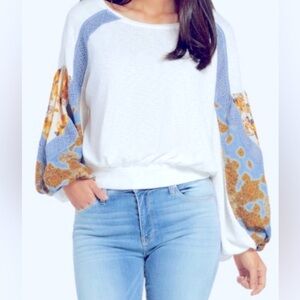 Free People White and Blue Long Sleeve Top